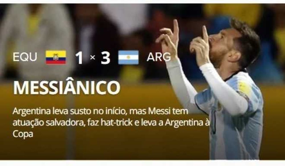 Portada de 'Globoesporte' de Brasil, destacando a Leo Messi. Captura