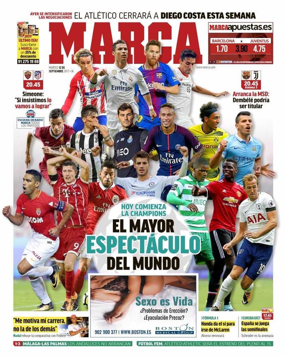 La Une du quotidien sportif espagnol 'Marca', du 12-09-17. Marca