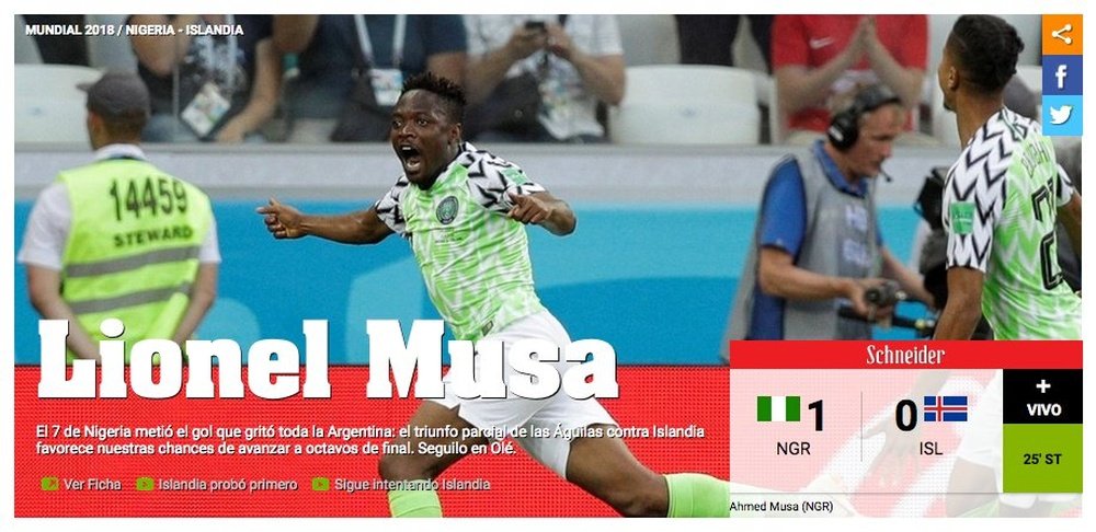 El héroe de Nigeria... y Argentina. Captura/Olé