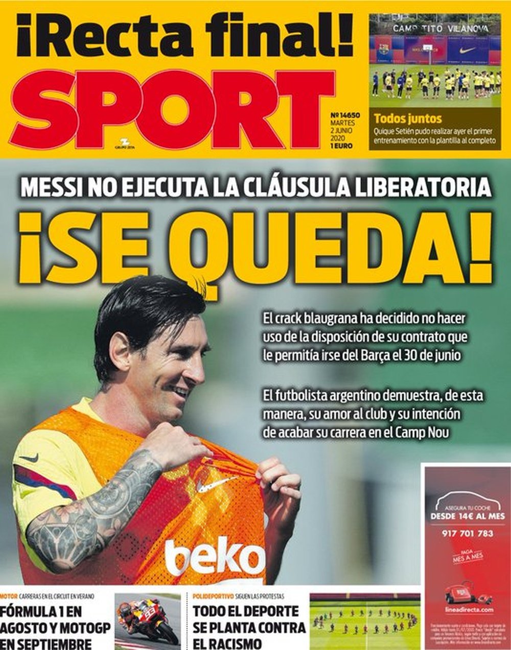 Les Unes des journaux sportifs en Espagne du 2 juin 2020. Sport