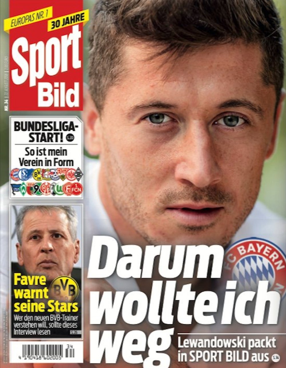 Capa do jornal 'Sport Bild' de 22-08-2018 com Lewandowski. SportBild