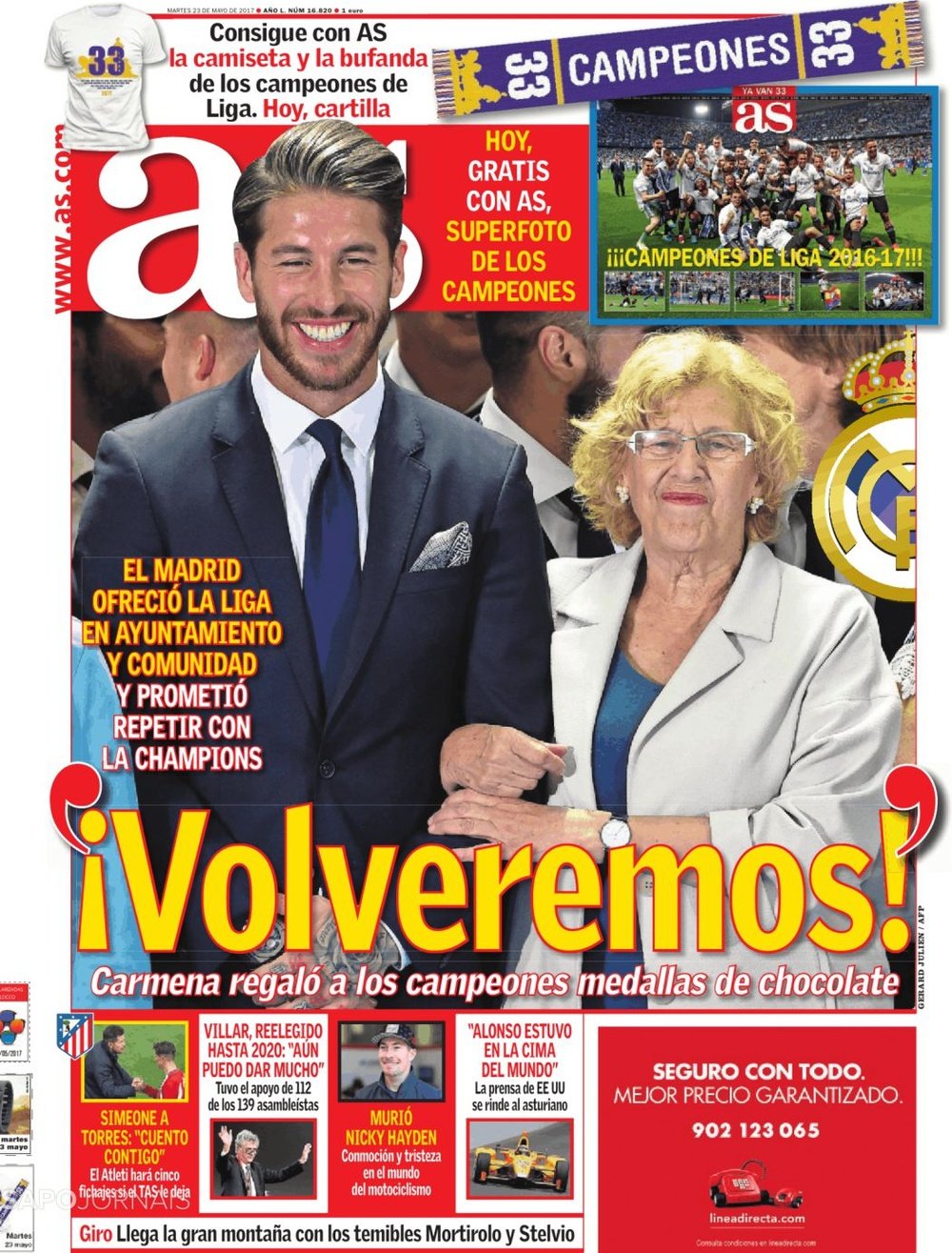 La Une du quotidien sportif espagnol 'AS' du 23-05-17. AS