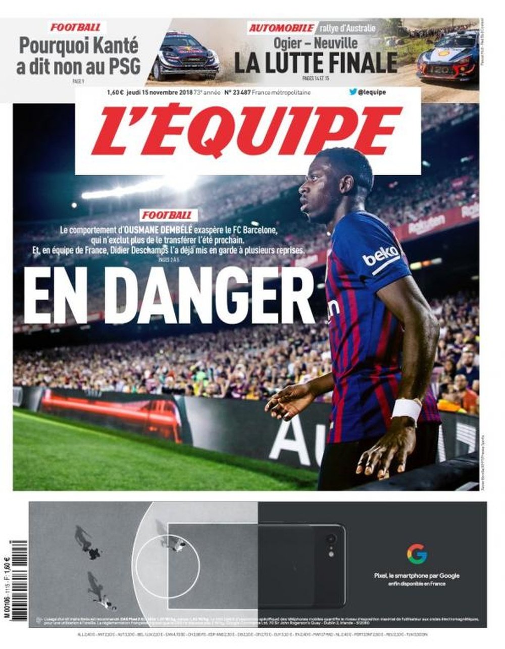 Dembélé estampa a capa do 'L'Équipe'. LÉquipe'