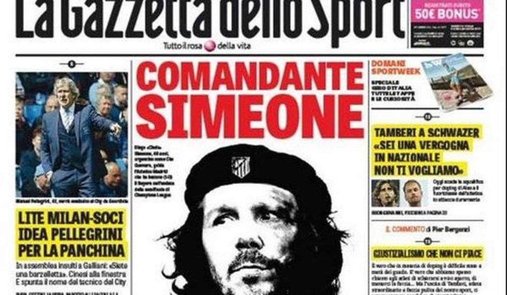 Portada de la Gazetta sobre Simeone. Twitter