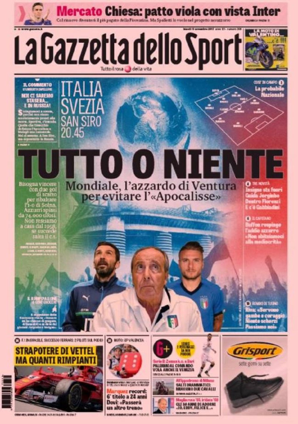 Une de 'Gazzetta dello Sport' du 13-11-17. GazzettadelloSport