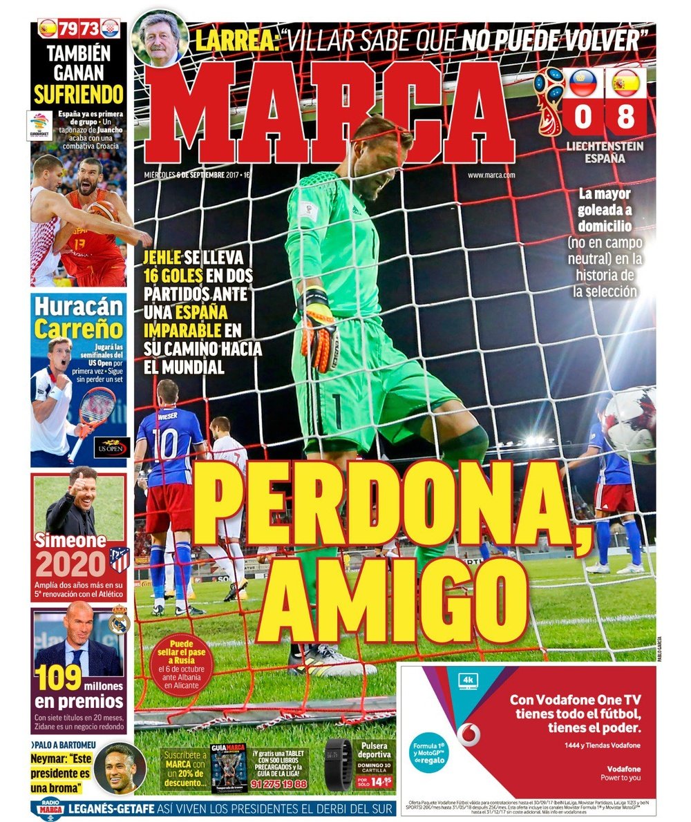 La Une du quotidien sportif espagnol 'Marca', du 06-09-17. Marca