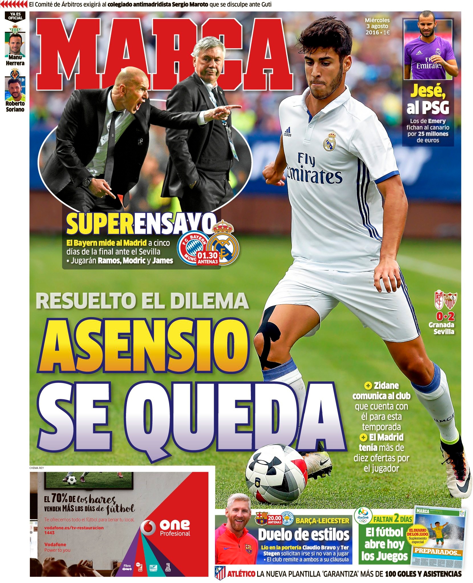 La Une du journal MARCA du 03-08-16. MARCA