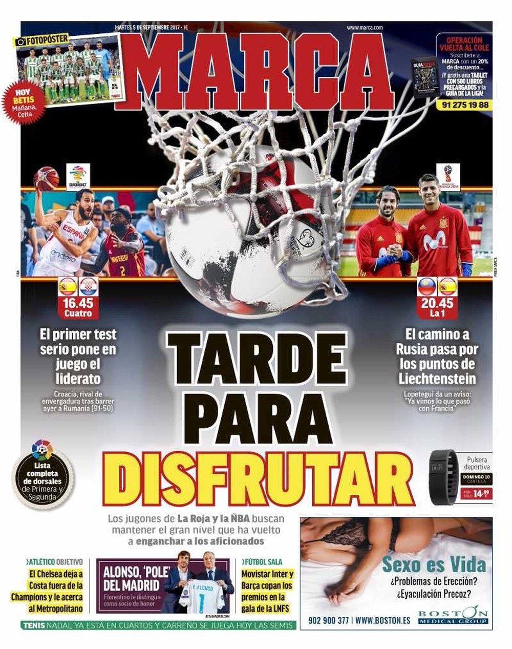 La Une du quotidien sportif espagnol 'Marca', du 05-09-17. Marca