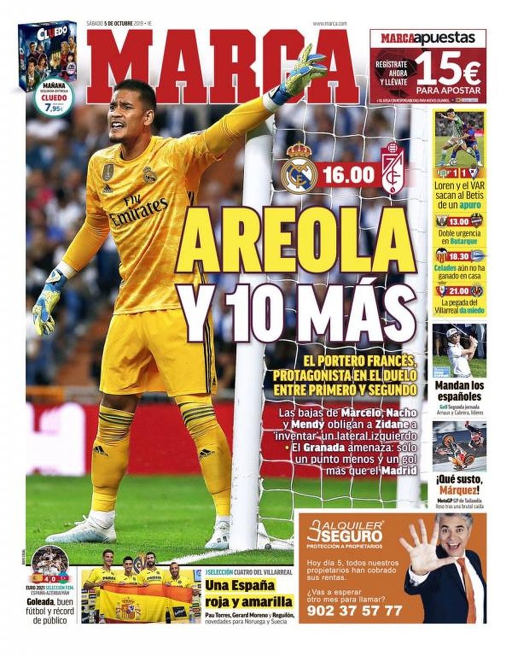 Les Unes des journaux sportifs en Espagne du 5 octobre 2019. Marca