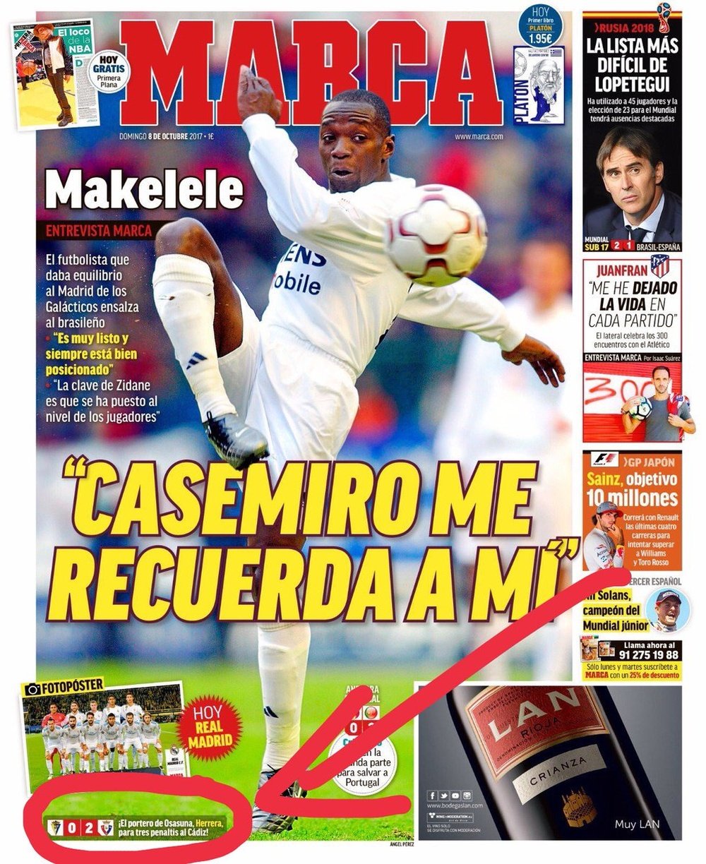 La Une du quotidien sportif espagnol 'Marca' du 08-10-17. Marca
