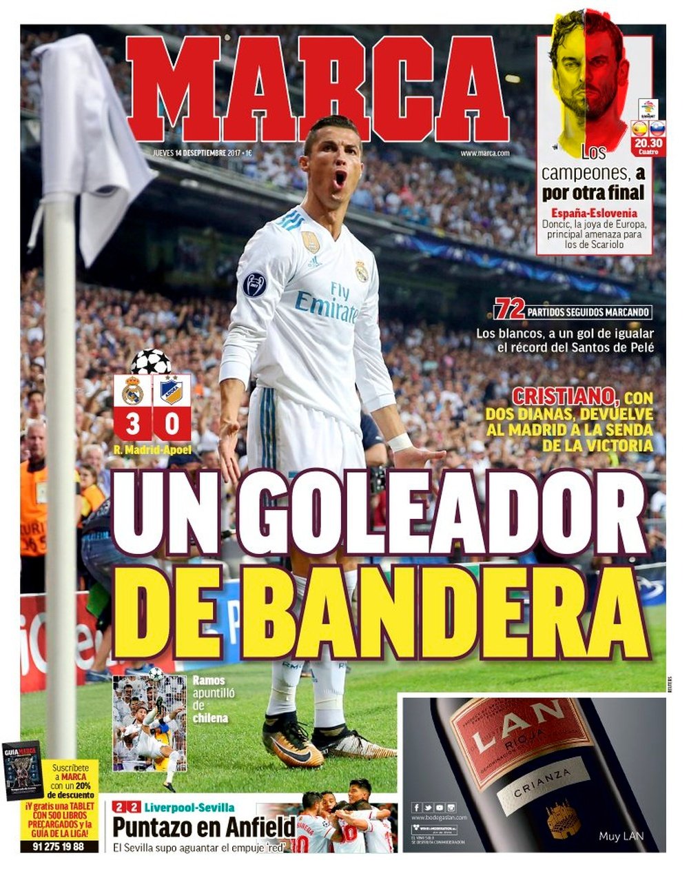 La Une du quotidien sportif espagnol 'Marca', du 14-09-17. Marca