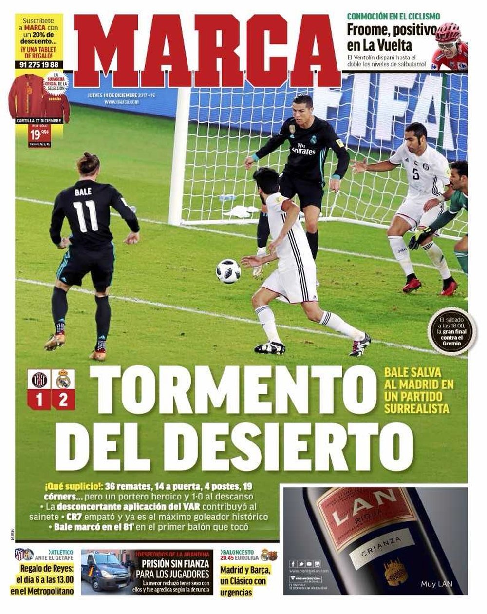 A capa do jornal 'Marca' de 14 de dezembro de 2017. Marca