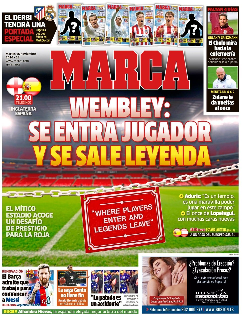 La Une du quotidien sportif espagnol 'Marca' du 15-11-2016. MARCA