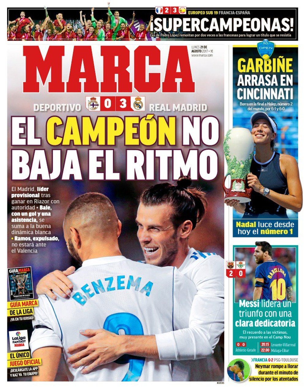 La Une du quotidien sportif espagnol 'Marca' du 21-08-17. Marca