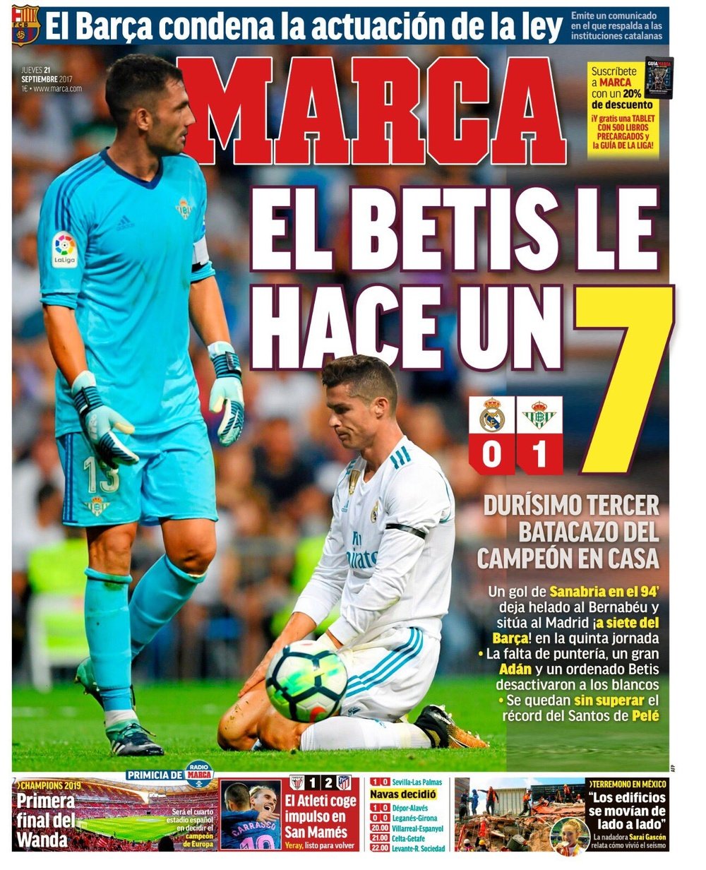 La Une du quotidien sportif espagnol 'Marca' du 21-09-17. Marca