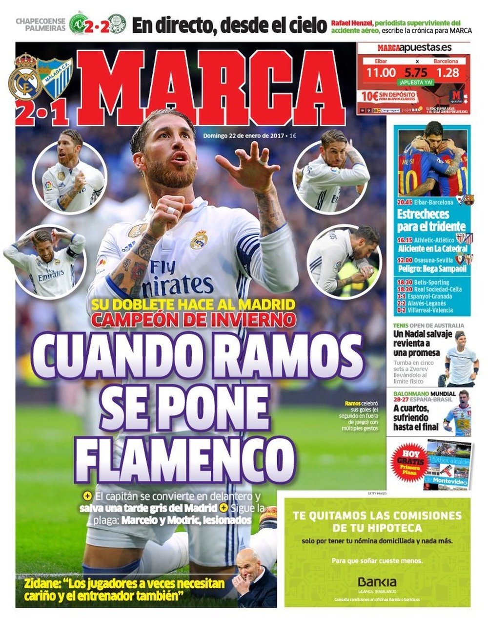 La Une du quotidien sportif espagnol 'Marca' du 22-01-17. MARCA