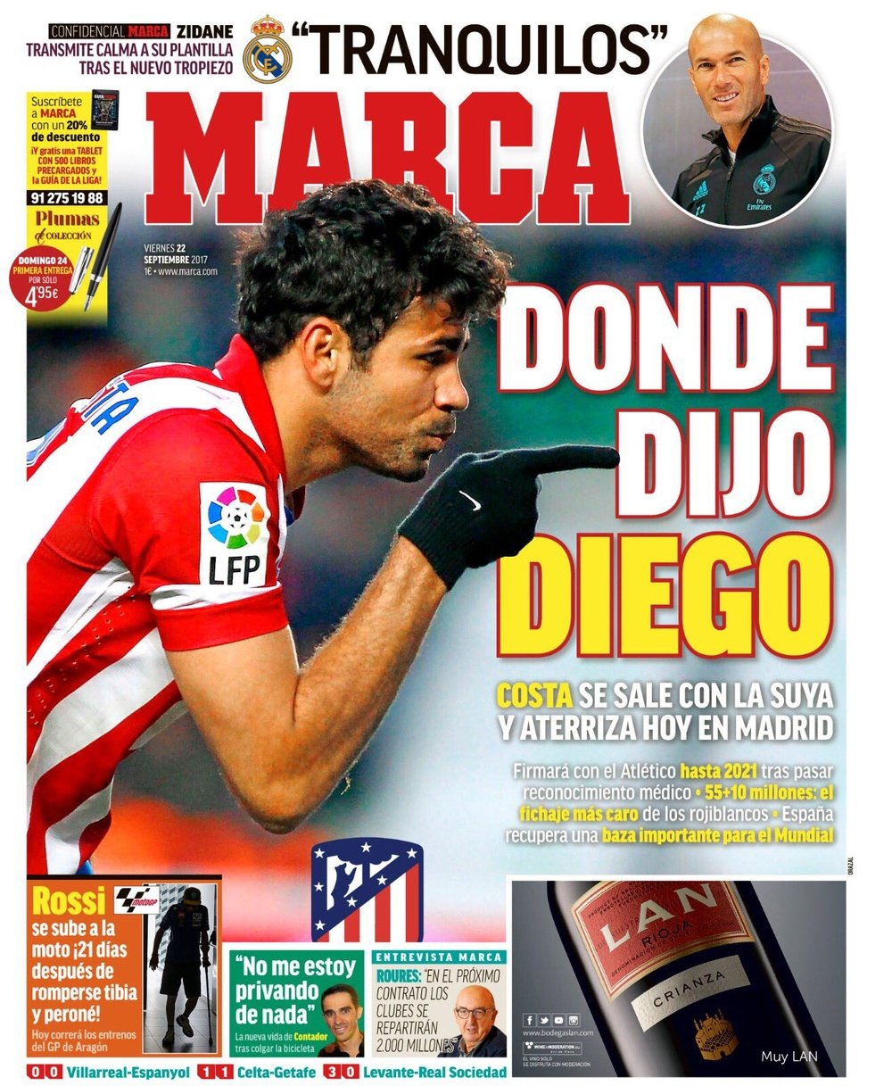 La Une du quotidien sportif espagnol 'Marca' du 22-09-17. Marca