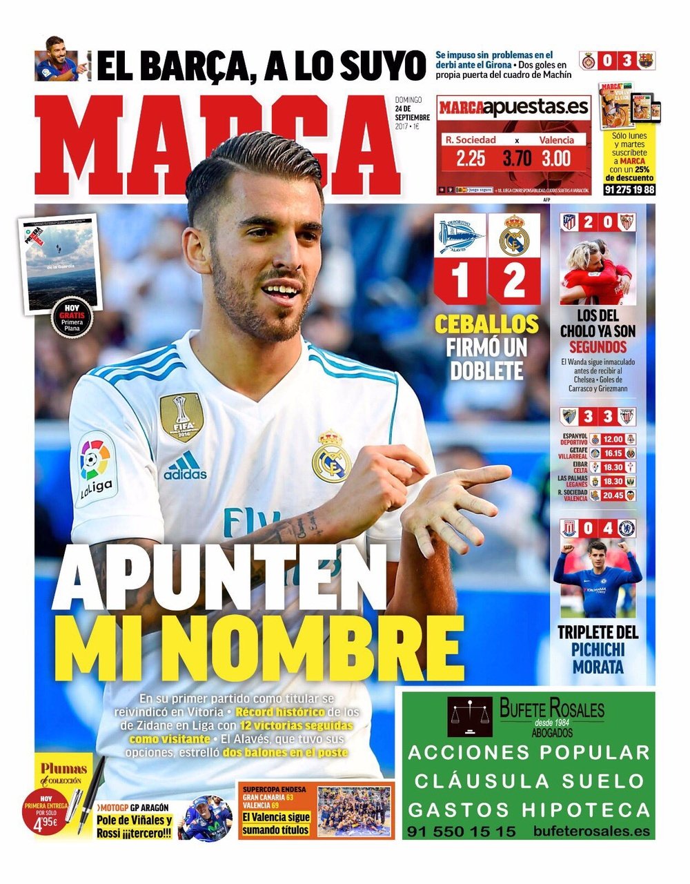 La Une du quotidien sportif espagnol 'Marca' du 24-09-17. Marca