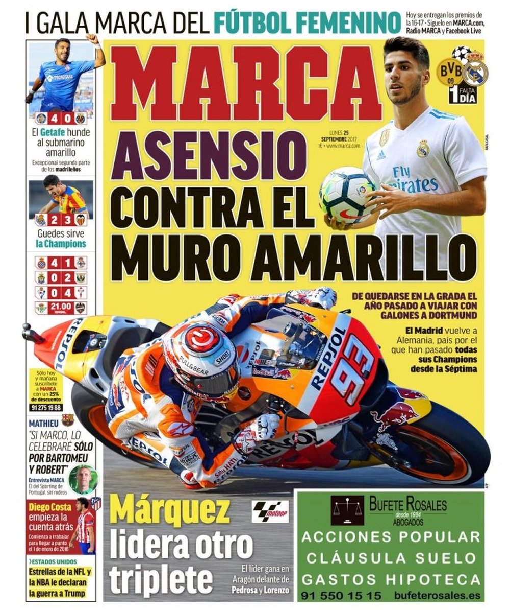 La Une du quotidien sportif 'Marca' du 25-09-17. Marca