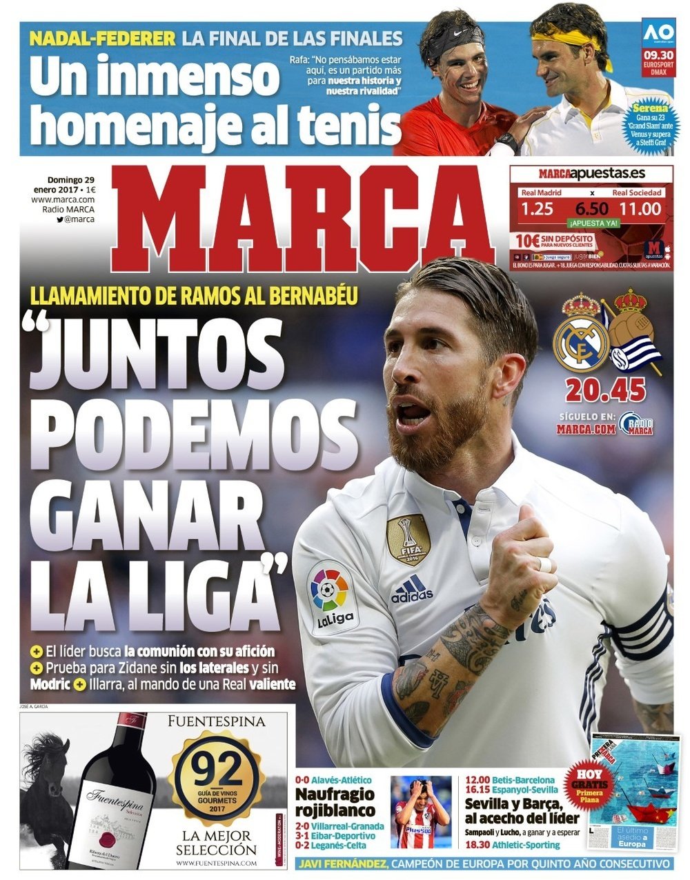 La Une du quotidien sportif espagnol 'Marca' du 29-01-2017. Marca