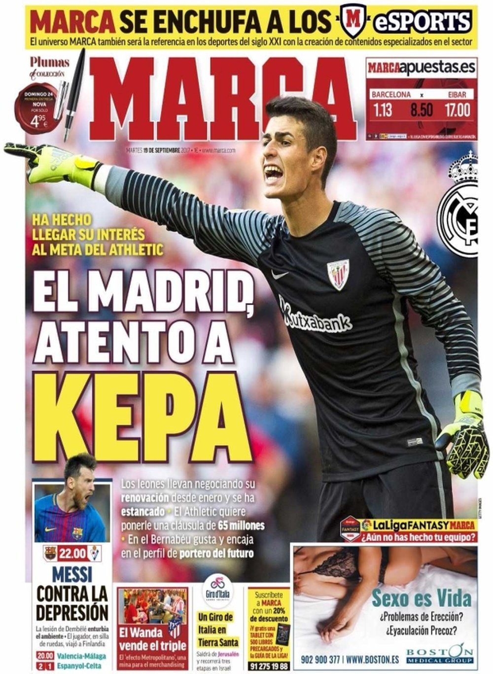 'Marca' destaca el interés del Madrid por Kepa en su portada. Marca