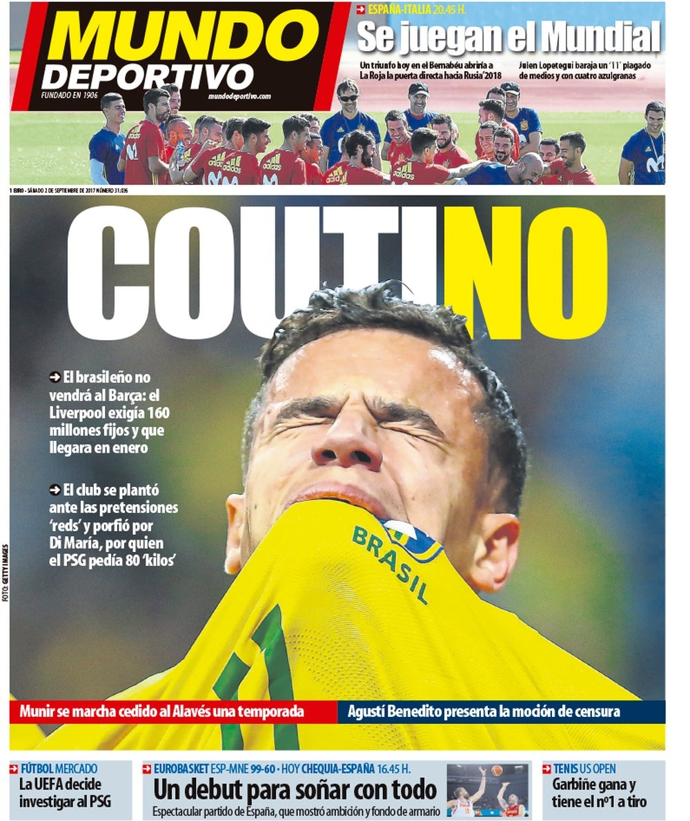 Capa do 'Mundo Deportivo' de 02-09-17