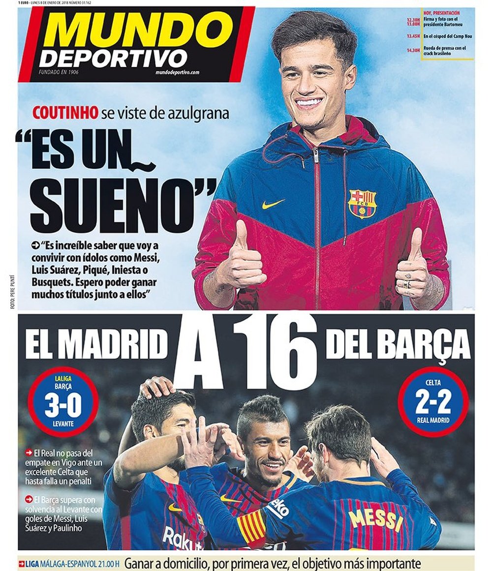A capa do jornal 'Mundo Deportivo' de 8 de janeiro de 2018. MundoDeportivo