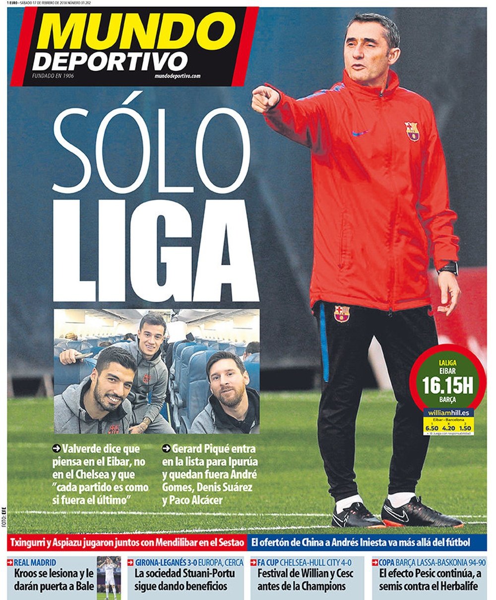 A capa do jornal 'Mundo Deportivo' de 17 de fevereiro de 2018. MundoDeportivo