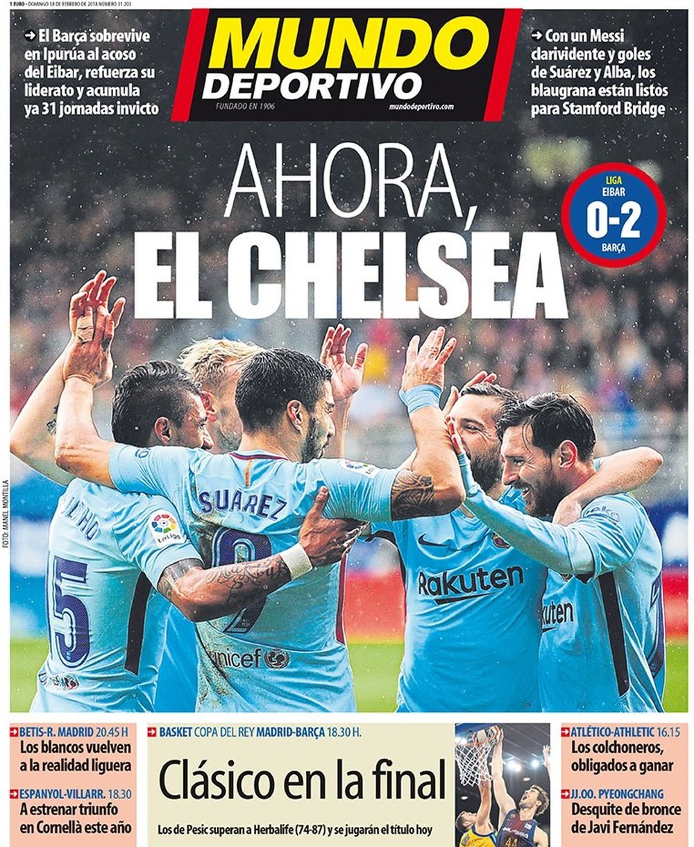 A capa do jornal 'Mundo Deportivo' de 18 de fevereiro de 2018. MundoDeportivo