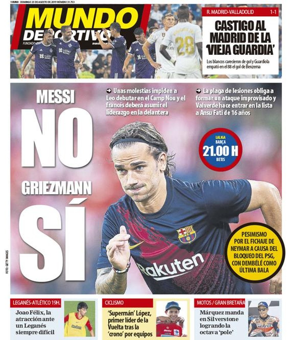 Capa do jornal 'Mundo Deportivo' de 25-08-2019. MD