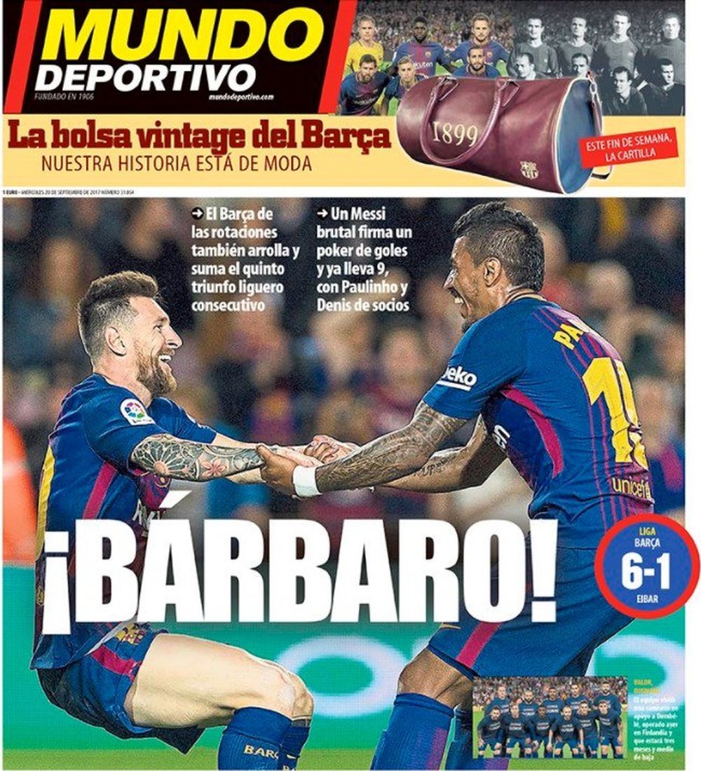 A capa do 'Mundo Deportivo' de 20 de setembro de 2017. MundoDeportivo