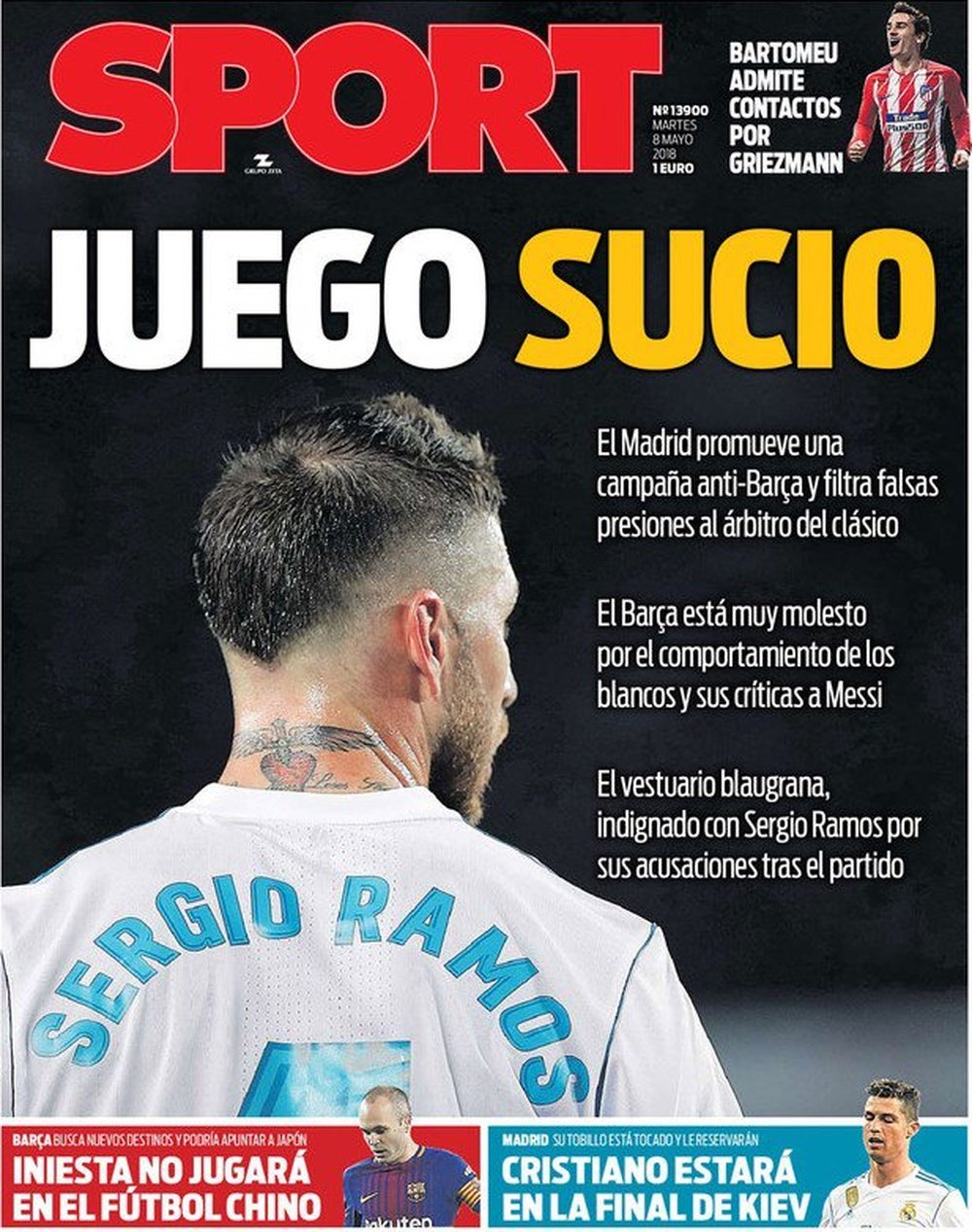 Capa do jornal 'Sport' de 8 de maio de 2018. Sport