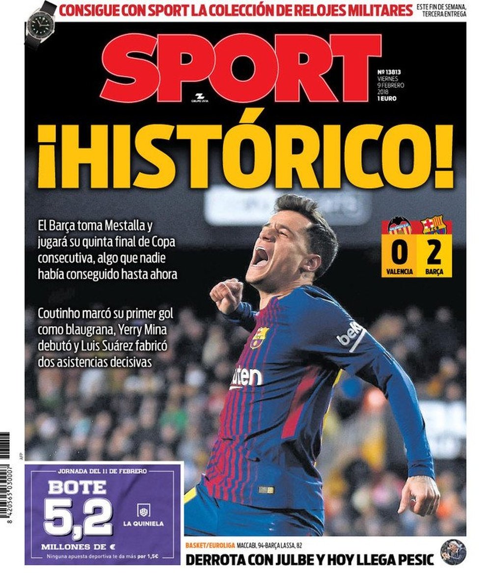 Capa do jornal 'Sport', 09/02/2018. Sport