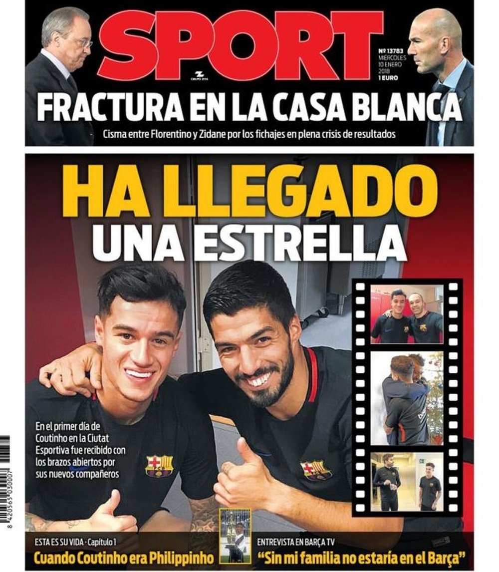 A capa do jornal 'Sport' de 10 de janeiro de 2018. Sport