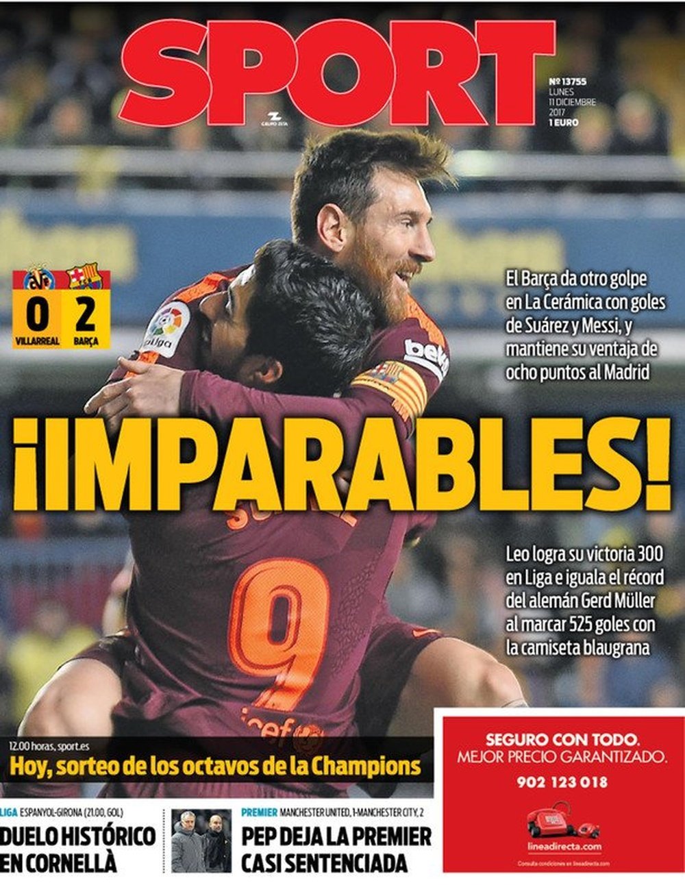 A capa do jornal 'Sport' de 11 de dezembro de 2017. Sport