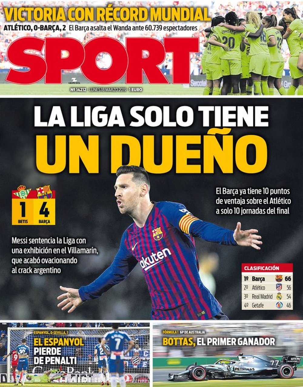 Capa do jornal 'Sport' de 18-03-19. Sport