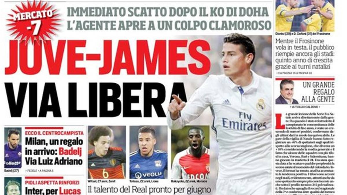 A capa do jornal 'Corriere dello Sport' vê James na Juventus. Twitter
