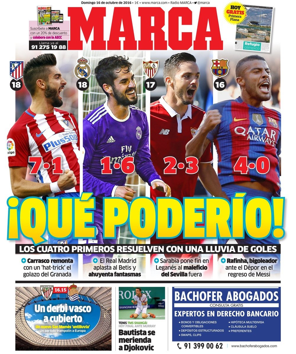 La Une du quotidien sportif espagnol 'MARCA' du 16-10-16. Twitter
