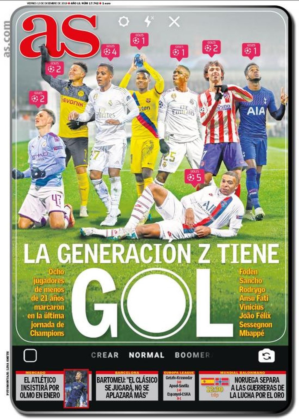 Les Unes des journaux sportifs en Espagne du 13 décembre 2019. AS