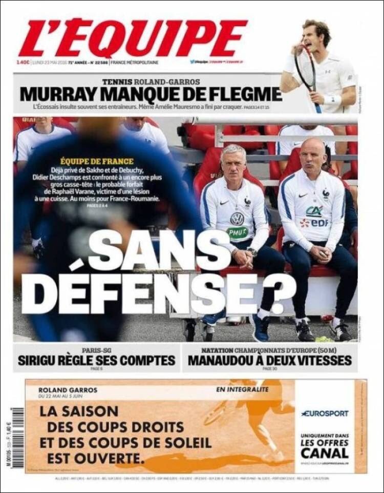 La prensa francesa, asustada por la lesión de Varane. L'Equipe