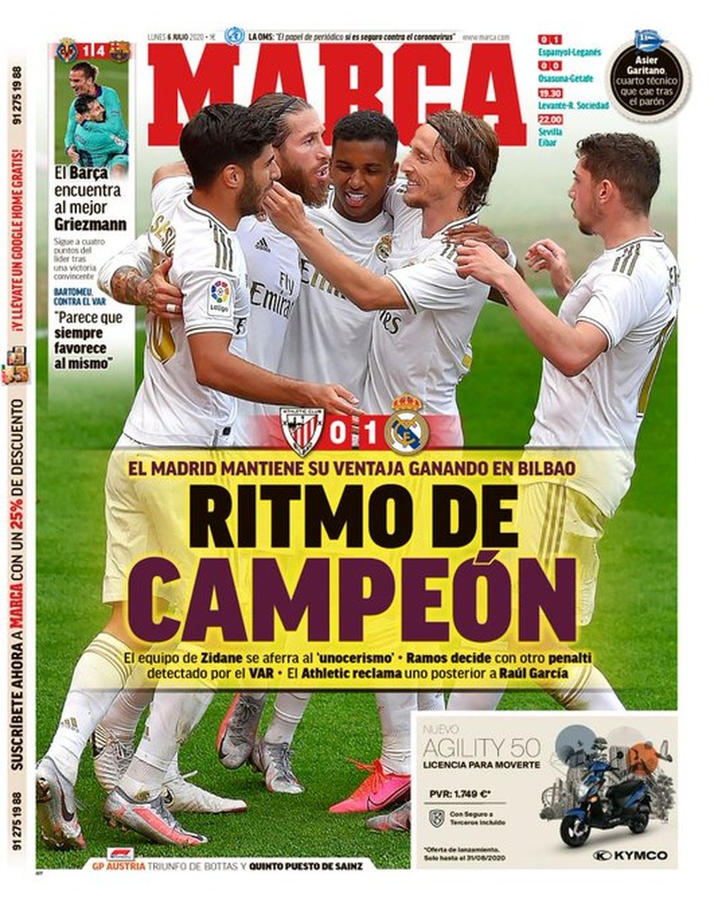 Les Unes des journaux sportifs en Espagne du 6 juillet 2020. Marca