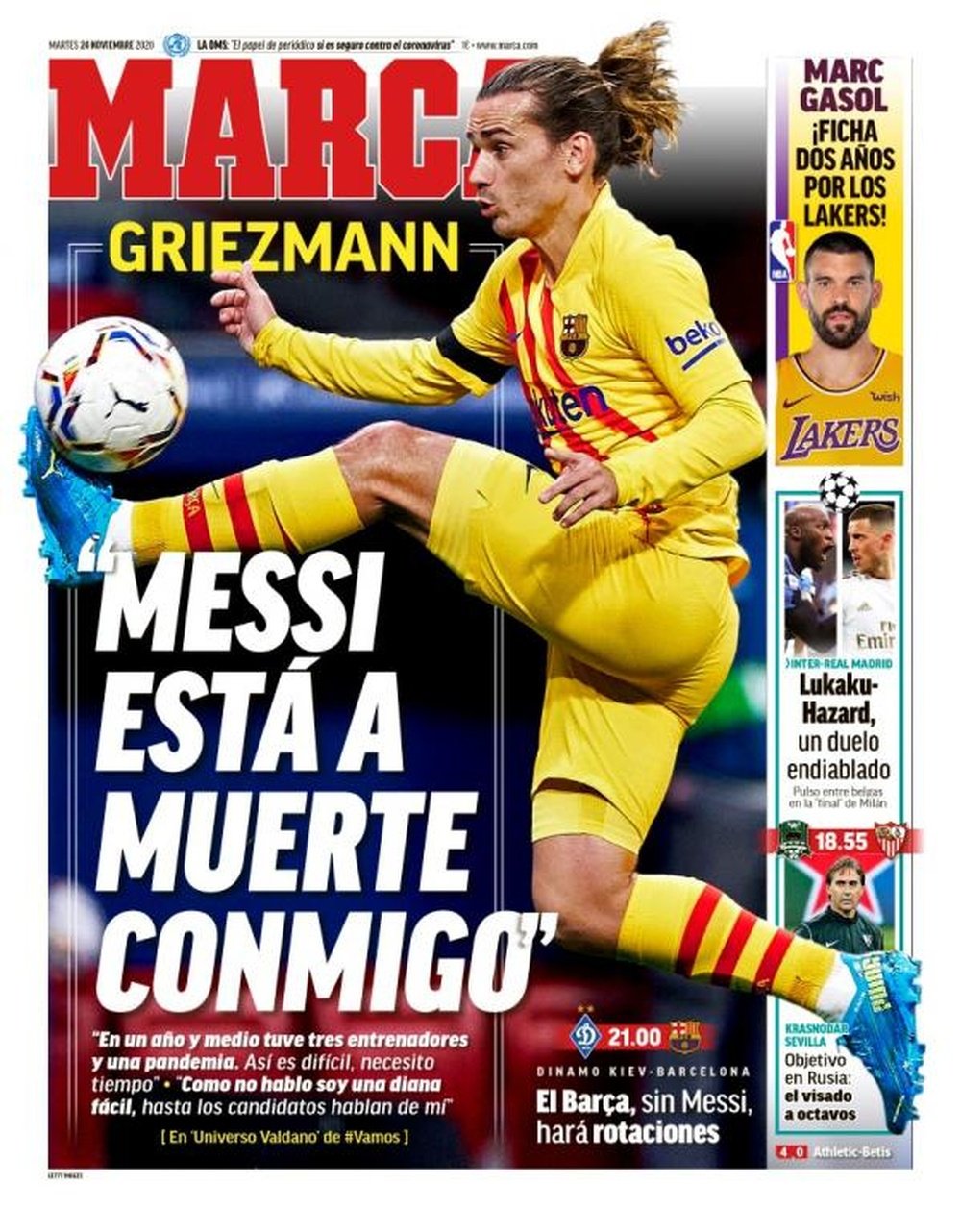 Les Unes des journaux sportifs en Espagne du 24 novembre 2020. Marca