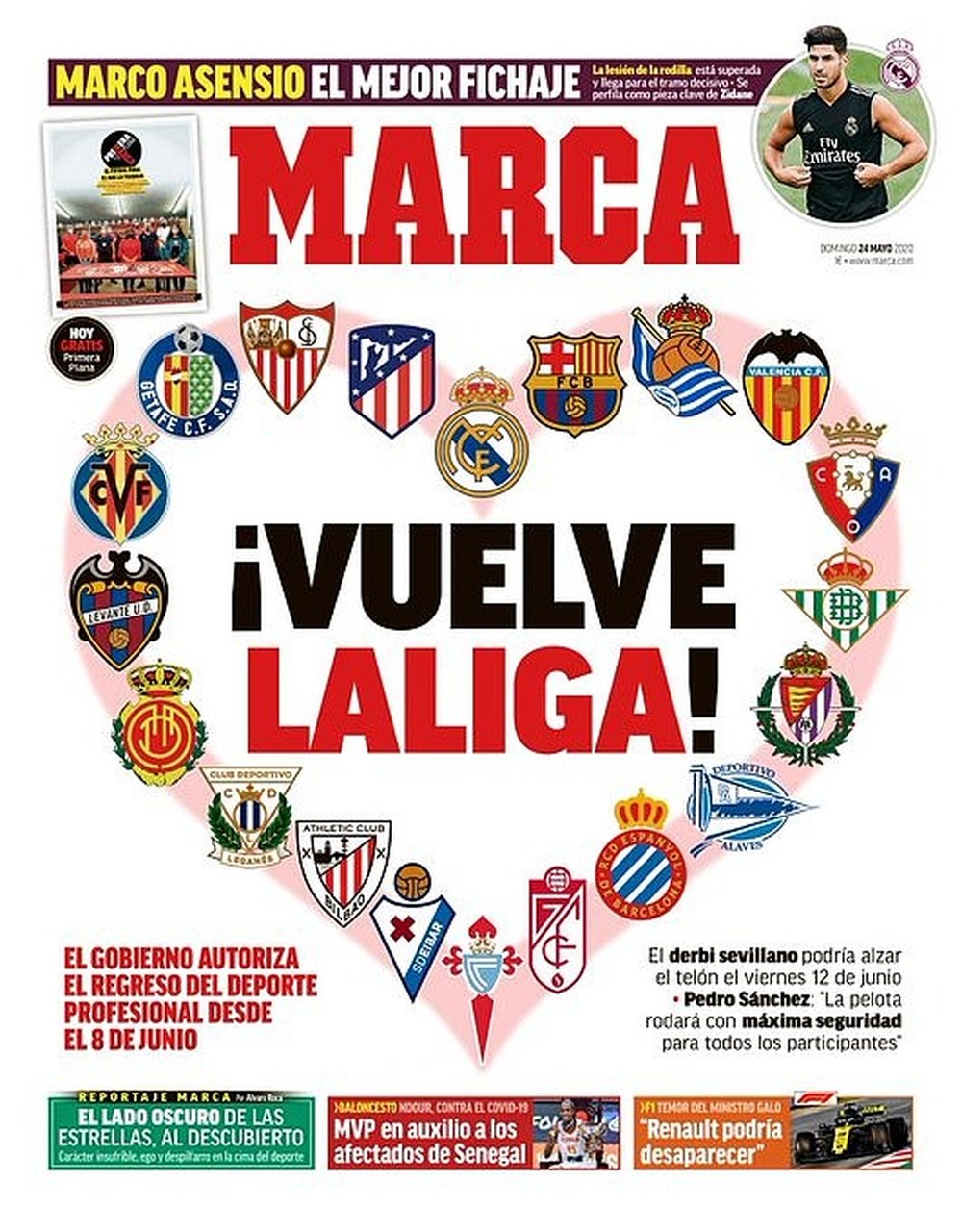 Les Unes des journaux sportifs en Espagne du 24 mai 2020. Marca