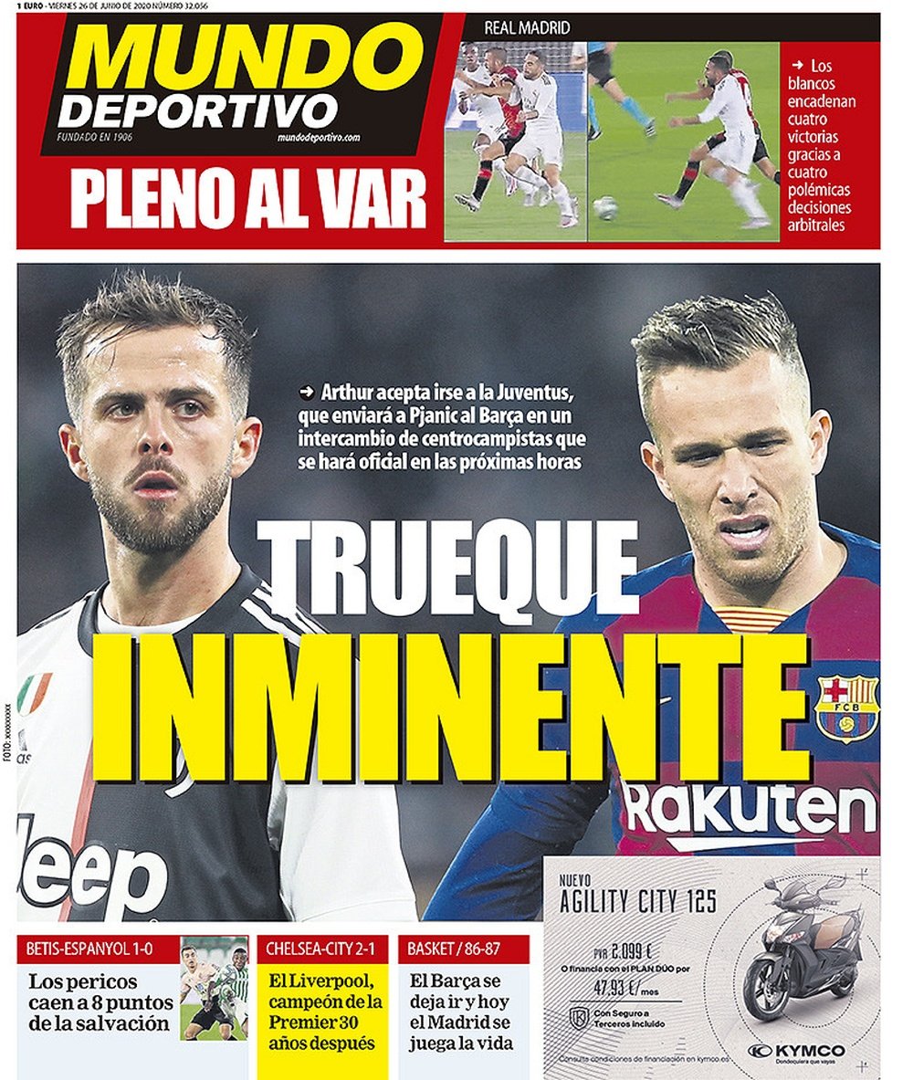 Les Unes des journaux sportifs en Espagne du 26 juin 2020. Mundo Deportivo