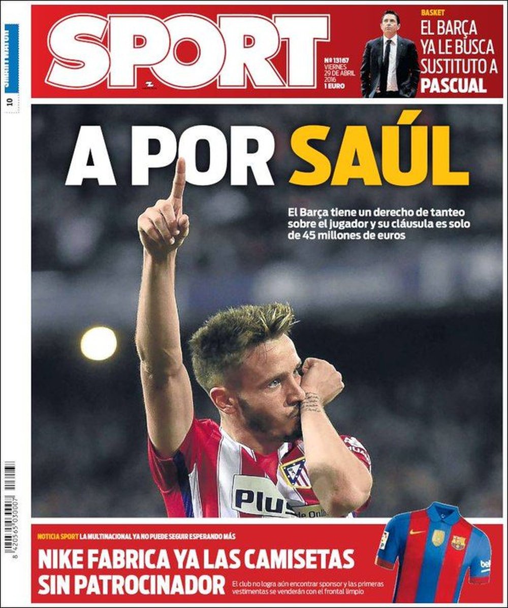 Portada del Diario Sport para el 29 de abril de 2016.