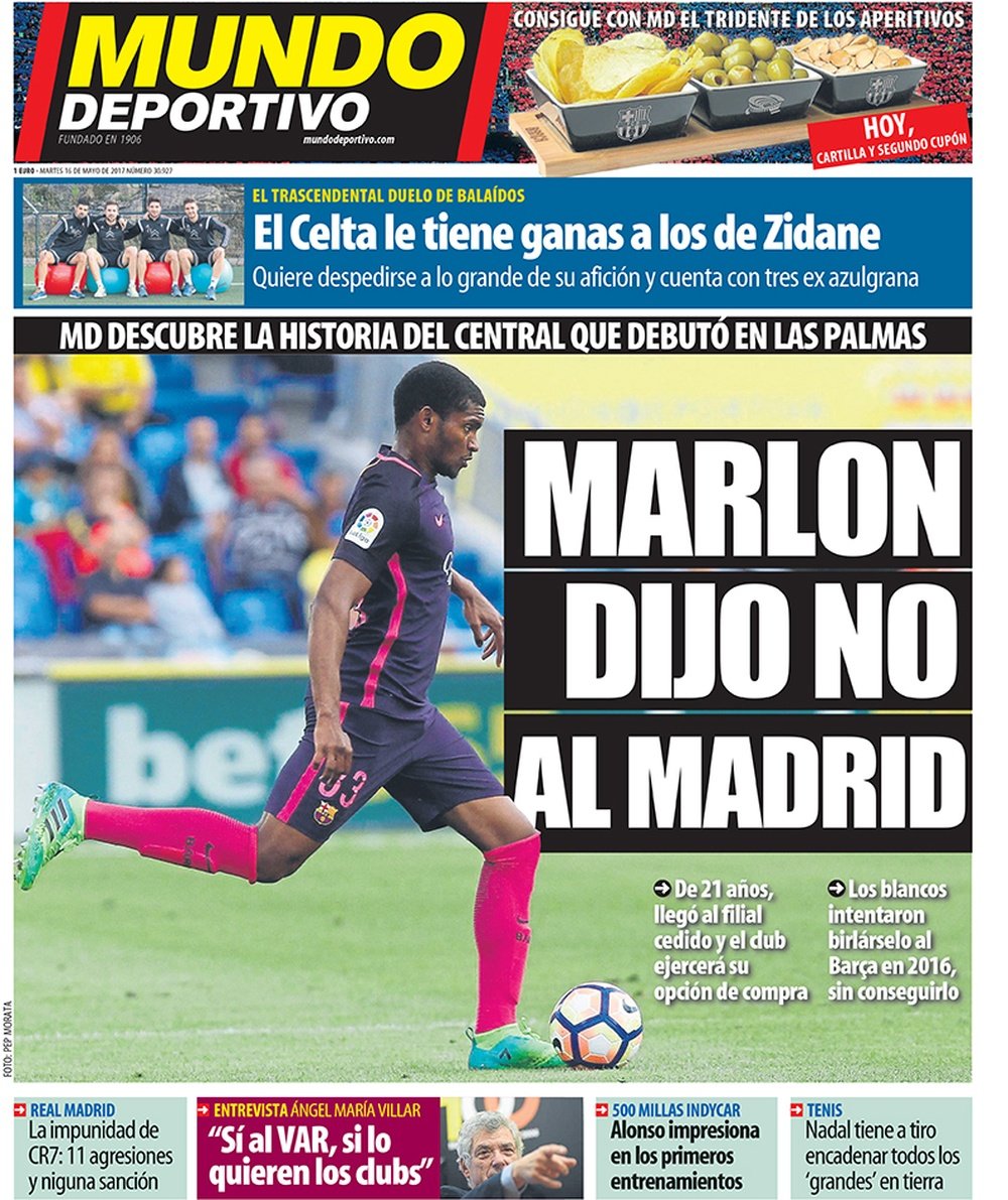 Capa do jornal 'Mundo Deportivo' do 16-05-17. MundoDeportivo