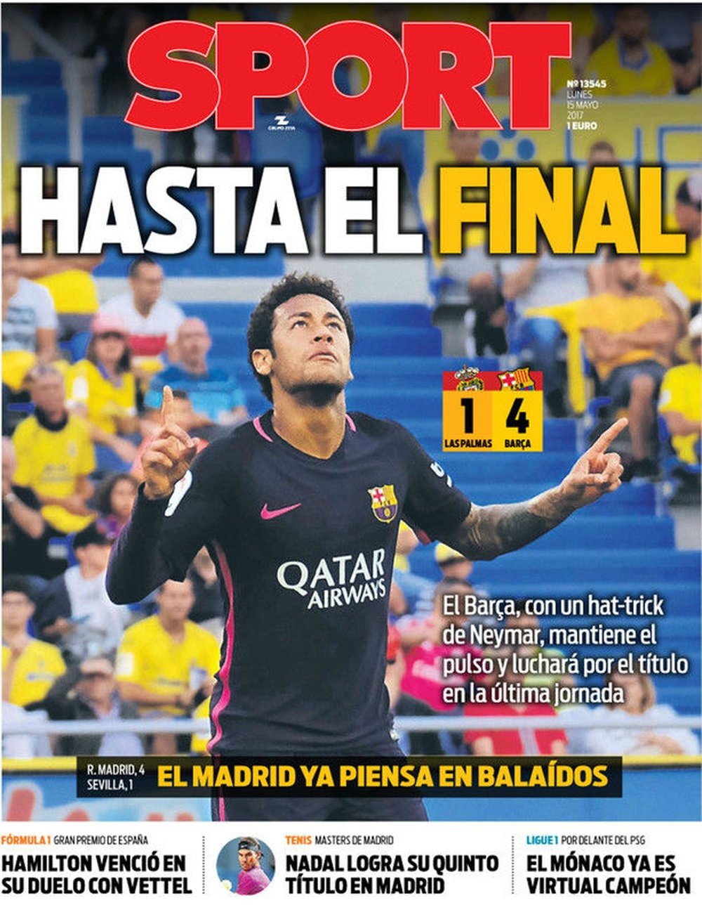 Capa do jornal 'Sport' do 15-05-17. Sport
