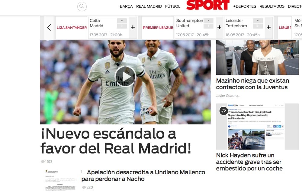 Portada del Sport sobre la decisión de Apelación en favor de Nacho. Twitter