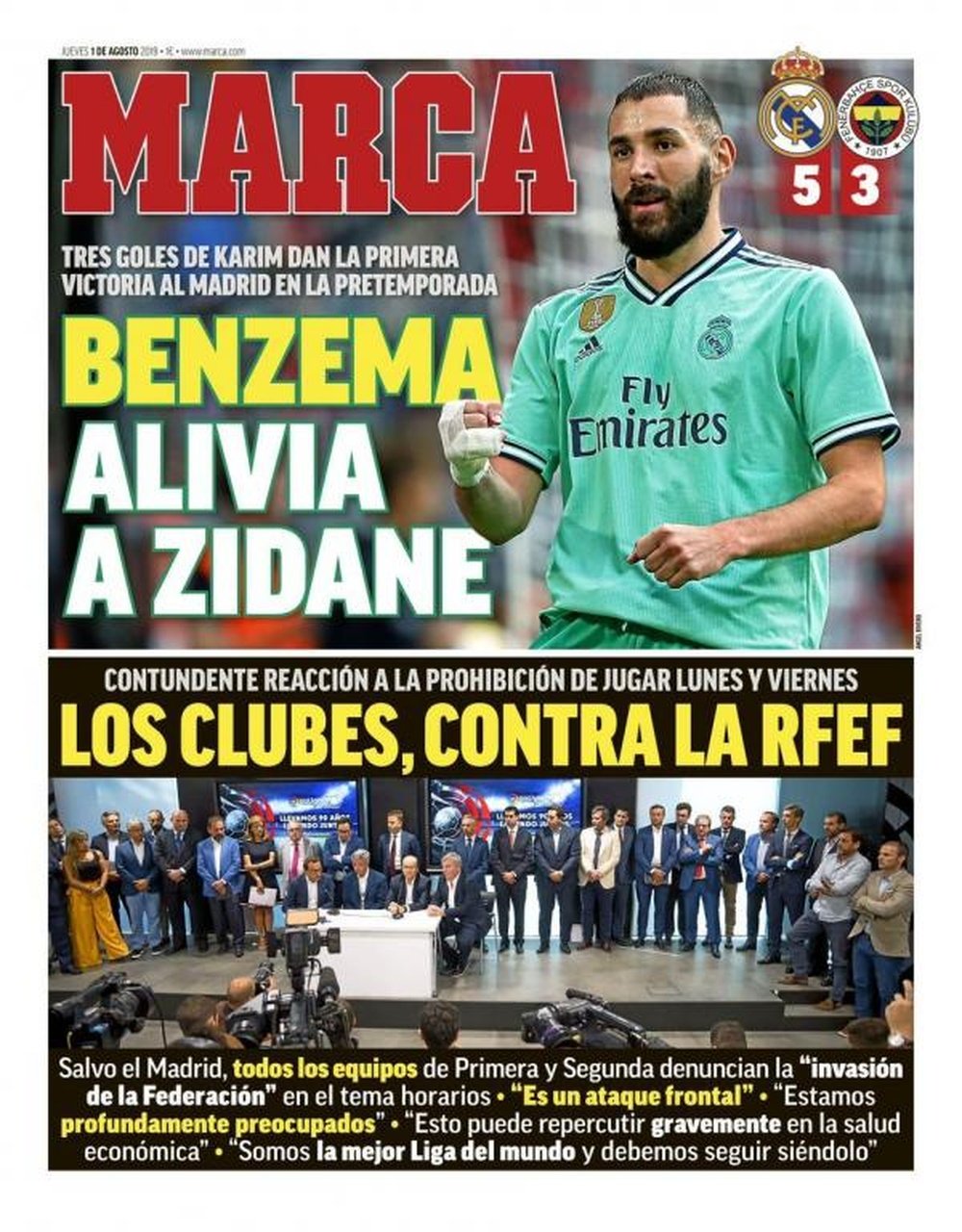 Les Unes des journaux sportifs en Espagne du 1er août 2019. Marca
