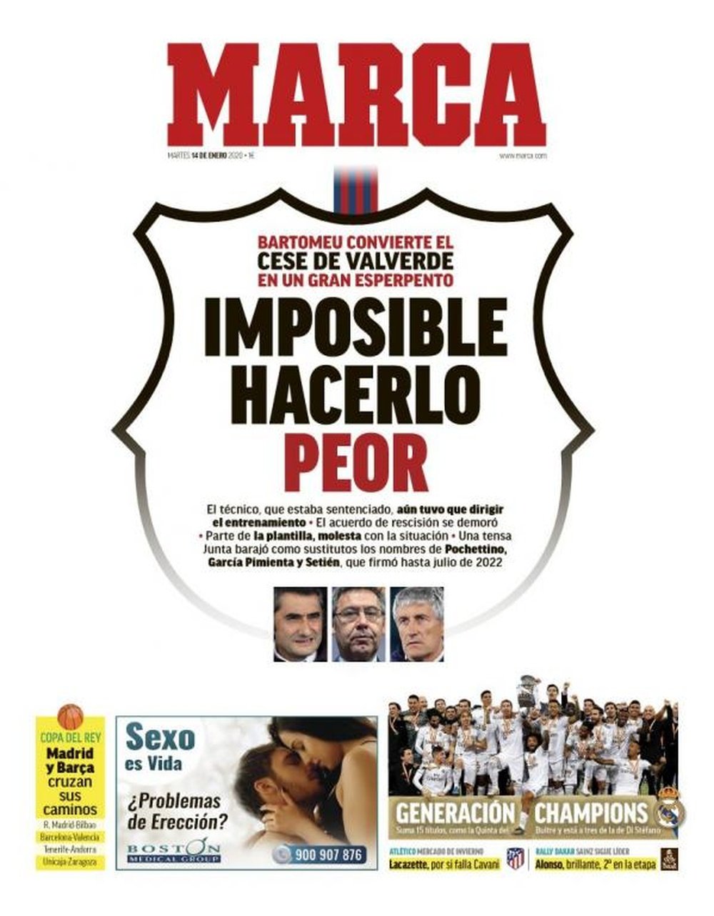 Les Unes des journaux sportifs en Espagne du 14 janvier 2020. Marca